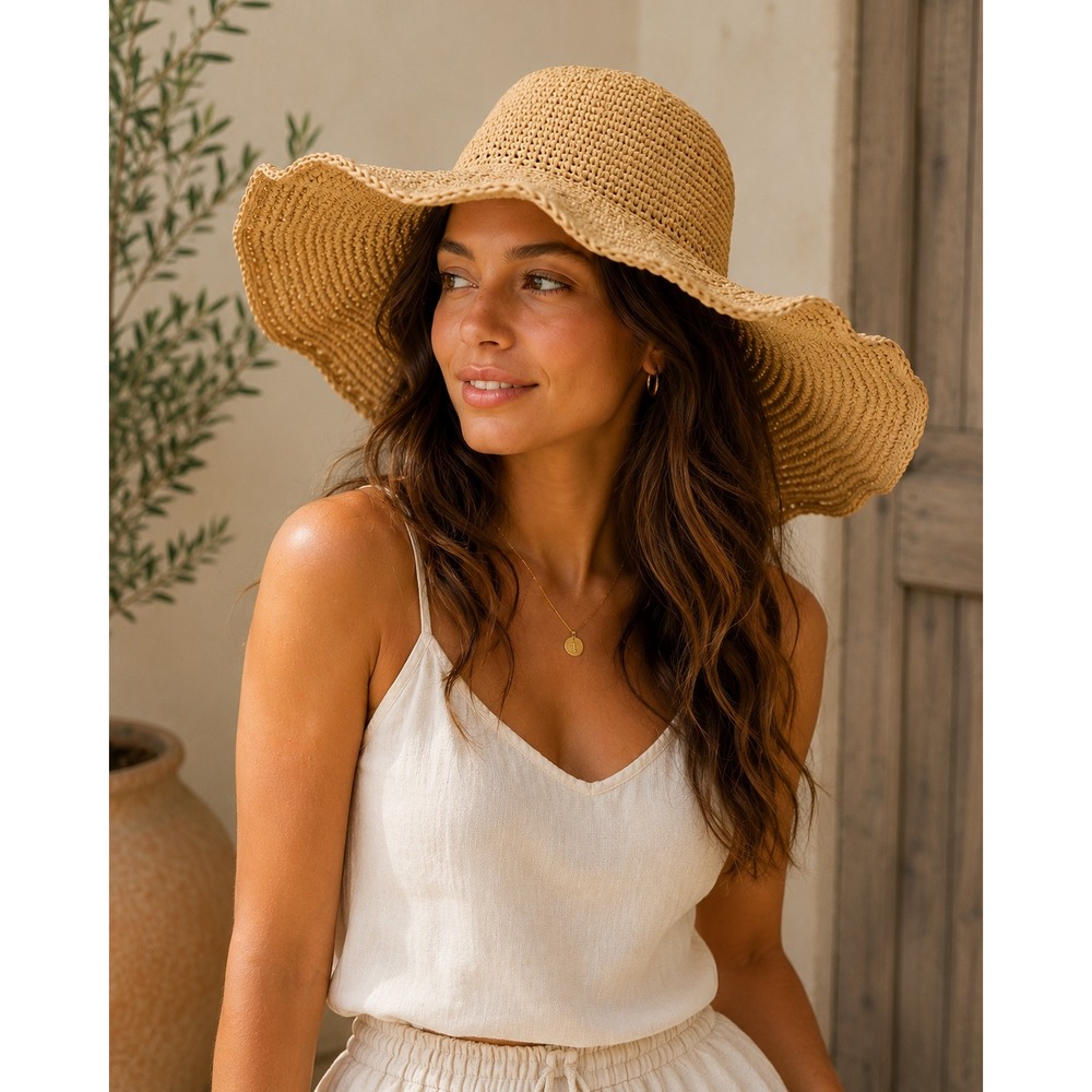 Flora Bella Hat Women Tan Raffia Wide Brim Sun Hand Crocheted Boho Beach Floppy